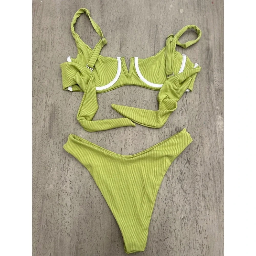 Zaful Lime Green Ribbed Underwire Bikini Set Y2K High Cut‎ Two Piece Swimsuit M